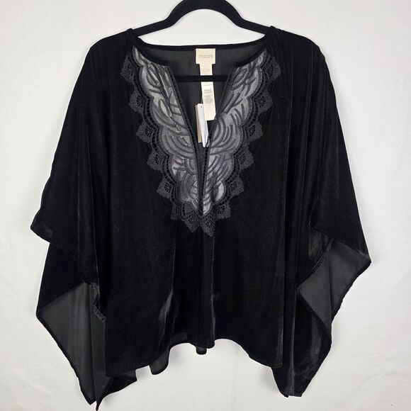 NWT Chico's Velvet Poncho Top - Black Lace Trim Boho Blouse Size S/M Evening - Picture 1 of 6